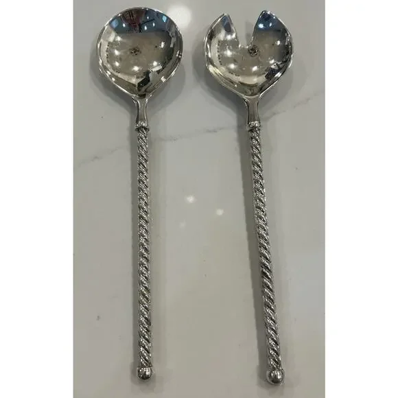 Vtg EP ZINC Italy Serving Salad Spoon and Fork Set Twisted Silverplated 9.5
