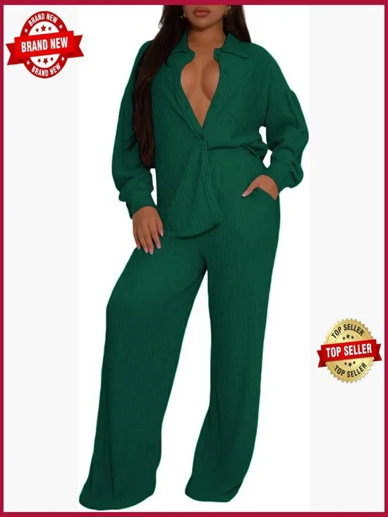 2 Piece Set Pleated Button Down Shirt & Wide Leg Pants Loungewear Matching Set
