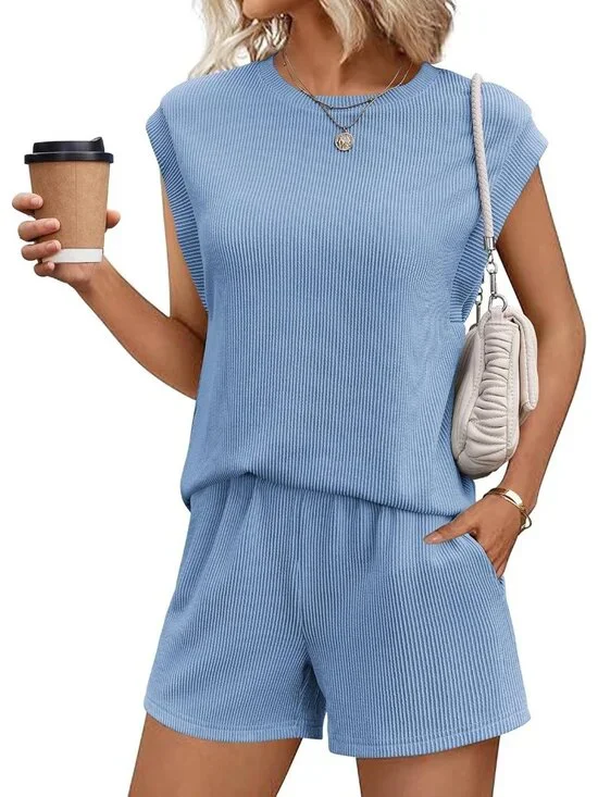 Two Piece Sets for Women Summer Crew Neck Lounge Shorts Sets Cap Sleeve Matching