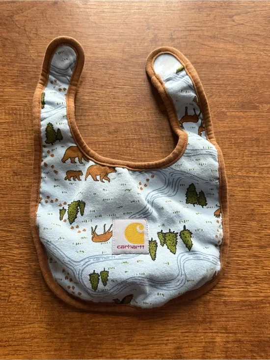 Carhartt Baby Bib Camping Theme Blue Animals Trees 100% Cotton Infant Bib