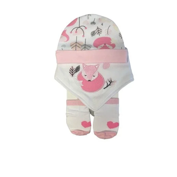 Baby Mode Pink Fox Beanie, Bib and Socks Set, 3 Pieces - 0-6 Mos