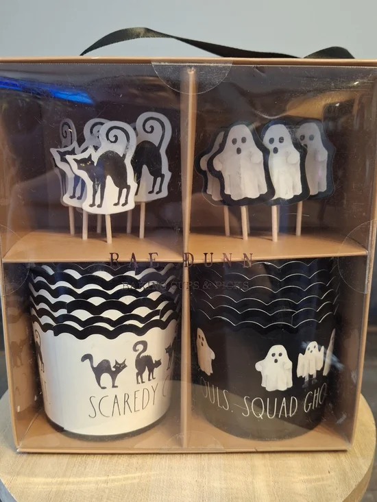 New Rae Dunn Halloween Cupcake Kit - Black & White Ghosts and Cats