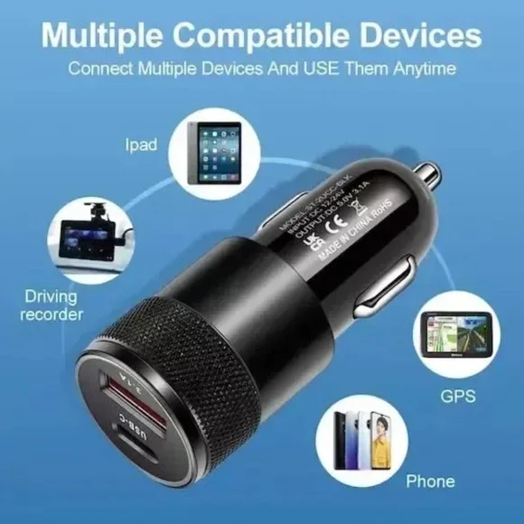 Black 2 Port PD USB-C Fast Charging Car Charger Adapter For iPhone & Samsung