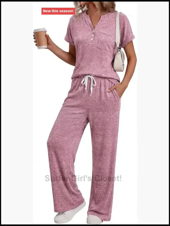 Women Lounge Set Henley Short Sleeve Top Wide Leg Pants Matching Set Travel