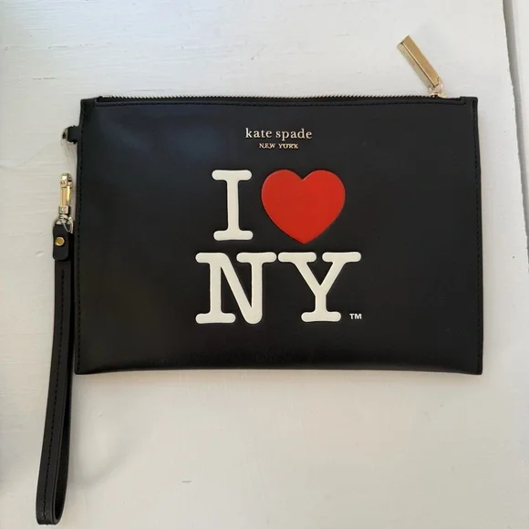 NWOT Kate Spade I Love NY Leather Wristlet Clutch Black Red Heart NYC