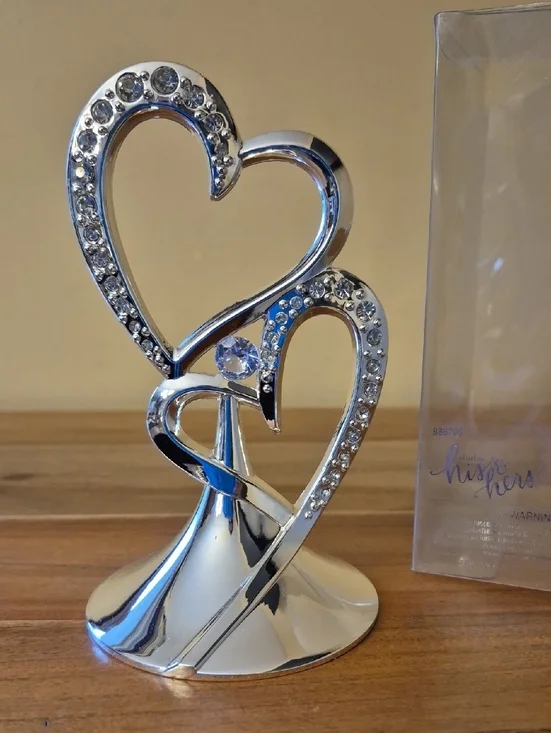 NEW His & Hers Double Heart Silver Metal Wedding / Anniversary Cake Topper