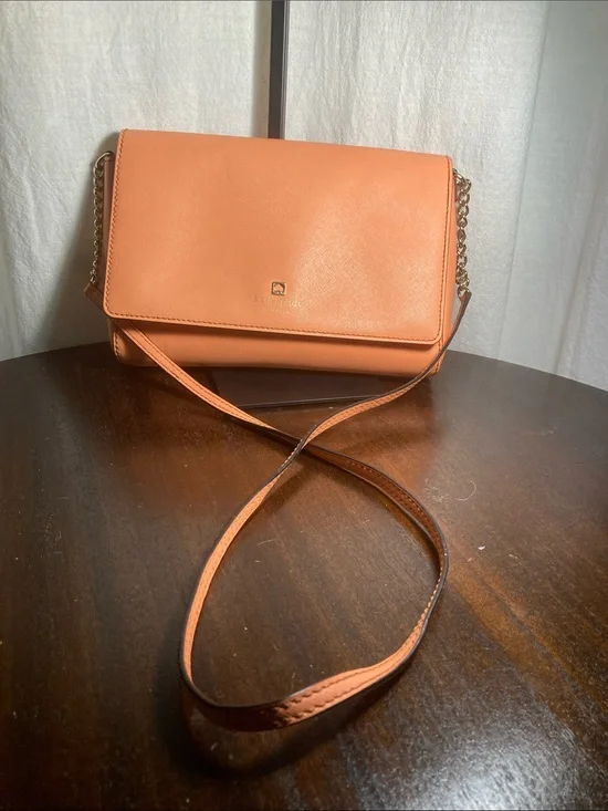 kate spade Peach-Orange Saphino Leather Crossbody with Gold and leather Chain