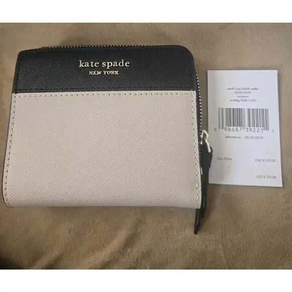 NWT KATE SPADE NEW YORK CAMERON WRMBG/BLACK Small L-ZIP BIFOLD WALLET WLRU5430