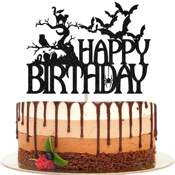 NWT Halloween Happy Birthday Cake Topper Spooky Haunted House Black Glitter