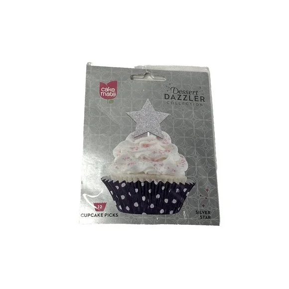 cake mate dessert dazzler collection 12 CT silver glitter stars cupcake toppers