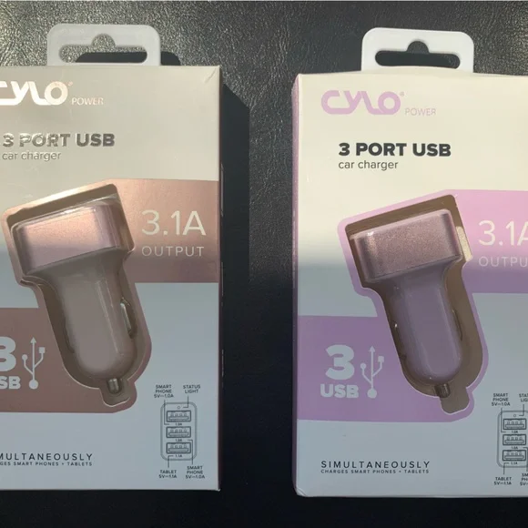 Set of 2 Cylo Power 3 Port USB Car Charger fast charge smartphones tablets iPods