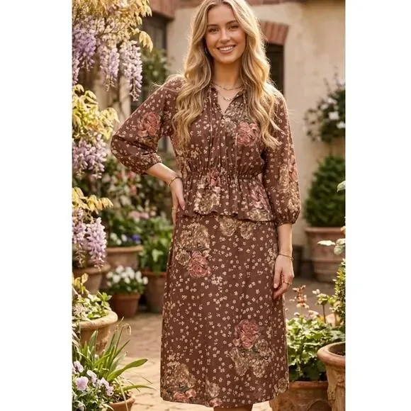 Vintage 70's rose floral skirt set/ matching set