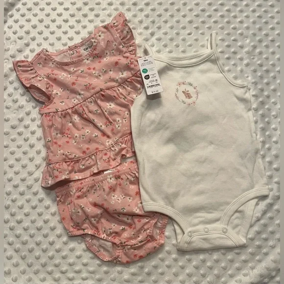 Carter's 3 Piece Pink Floral and White Baby Bodysuit Set