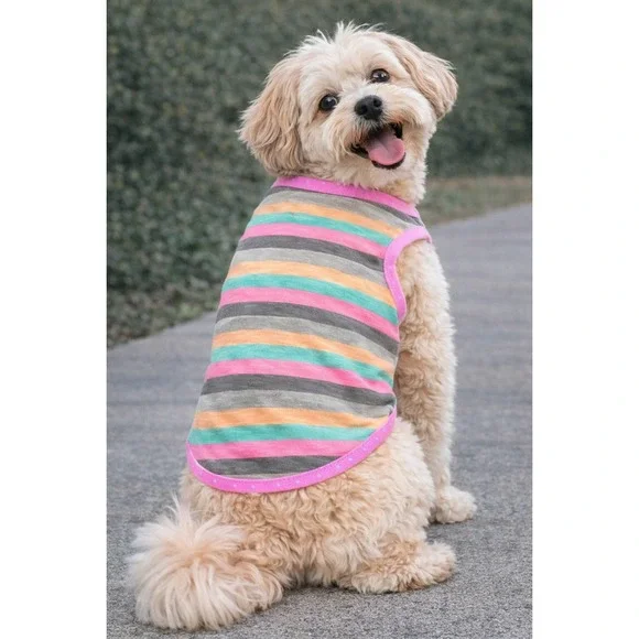 Striped‎ Dog Tank Top Pink Orange Green Grey Sleeveless Pet Shirt Size Large NEW