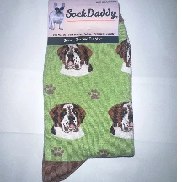 SockDaddy Crew Socks Unisex OS Green Saint Bernard Dog Breed Novelty Paw Print