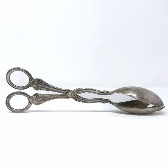 Vintage Sheffield Silver Plate Salad Tongs Italy 10” Ornate Patina