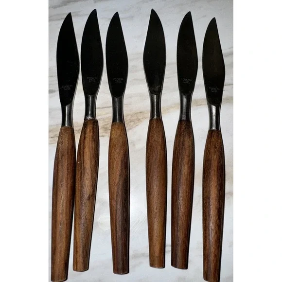 Vintage Mid Century Teak Wood‎ Handled Table Knives Set of 6 Japan