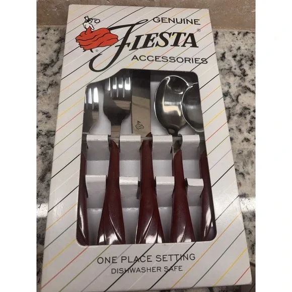 Vtg. Fiesta Fiestaware CINNABAR Maroon Swirl Stainless Flatware 5 Pc Setting NEW