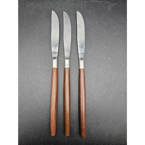 Vintage EKCO Eterna Epic Stainless Canoe Flatware Wood Handle Knives 3 piece