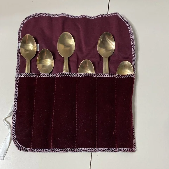 Vintage 6Pc Thailand Brass Gold Demitasse Spoons Wood Handles Maroon Storage Bag