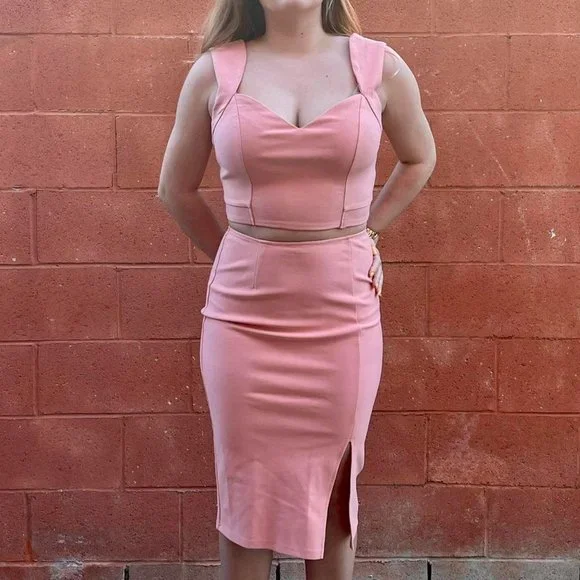 Pink Crop Top and Midi Skirt Matching Set
