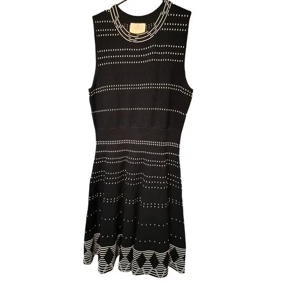 Kate Spade New York Black Knit Fit Flare Dress with White Dot Stripe Size Medium