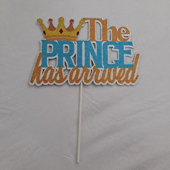 The Prince Has Arrived Cake Topper Birthday crown party decor gold blue silver
