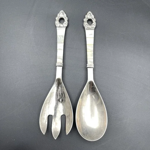 Vintage Mother of Pearl Handle Salad Serving Spoon & Fork Set Unmarked