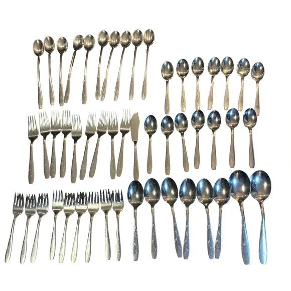 Wallace Stainless Falling Leaves Flatware Set 46 Pcs Leaf Forks Spoons 1957 VTG