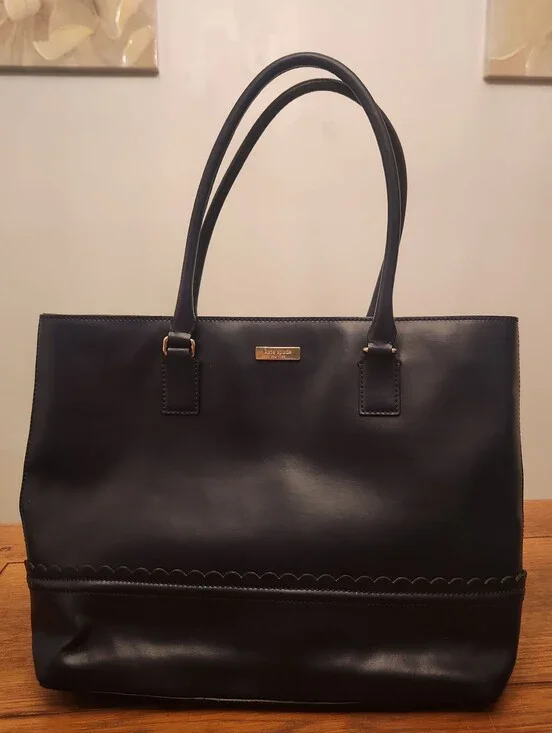 Kate Spade Dark Navy Blue Leather Scalloped-Trim Tote Immaculate Cream & Bow Int