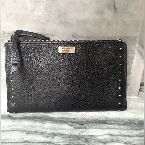 Kate Spade New York Black Pebbled Leather Double Zip BiFold‎ Wallet
