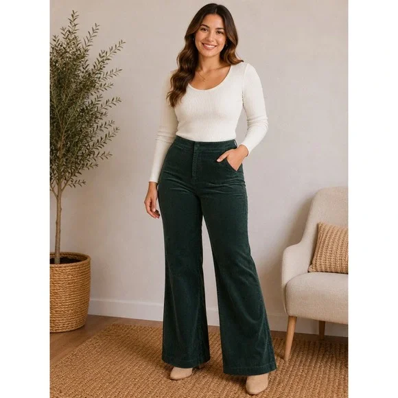 Kate Spade New York Dark Green Corduroy Wide Leg High Rise Pants Size 2