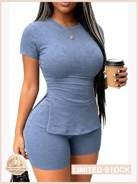 2 Piece Short Set Matching Sweatsuit Lounge Biker Workout Casual Set