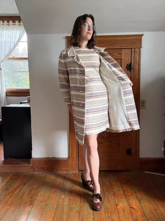 Vintage 70s Cream Stripe Dress + Coat Set | Matching Ensemble