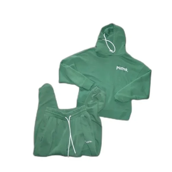 Puma Sport Matching Set Hoodie Sweatpants Embroidered Unisex Green Small