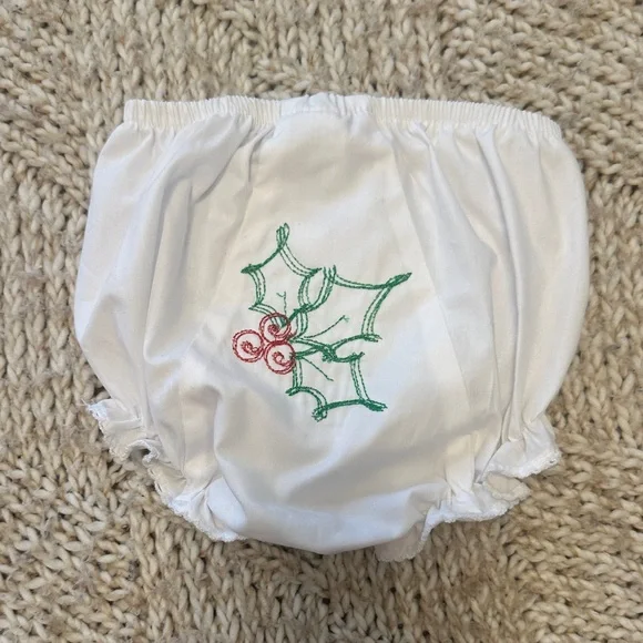 EUC White Baby Bloomers with holly berry Embroidery 18/24