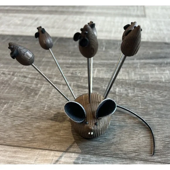 Vintage‎ Wood Mouse/ 6 Mice Cheese Serving Forks Cocktail Picks Barware 4