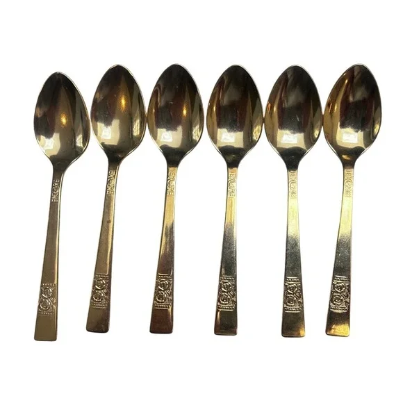 Vintage Gold Tone Stainless Steel Rose Floral Demitasse Set of 6 Japan 4.25