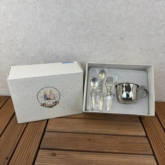 Silver Plated Baby Feeding Set Briar Patch Cup Spoons Fork 5 Pieces Engraved