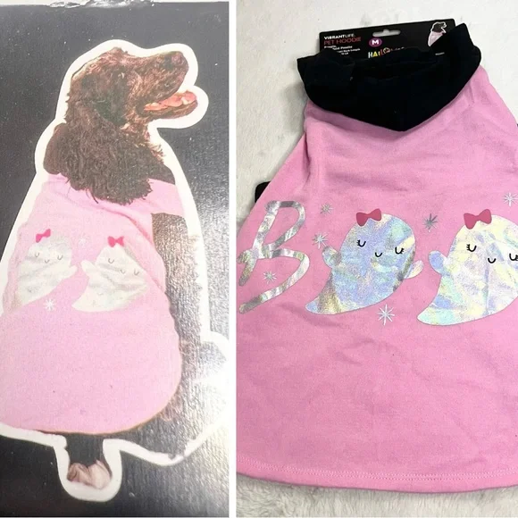 NWT Halloween Hoodie for Dogs Size Medium Pink & Black BOO! with Silver Ghosts