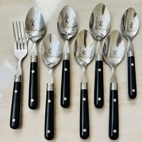 8pc FARBERWARE Colours-Black Stainless Soup Spoon 7 5/8” & Fork Rivets Thailand