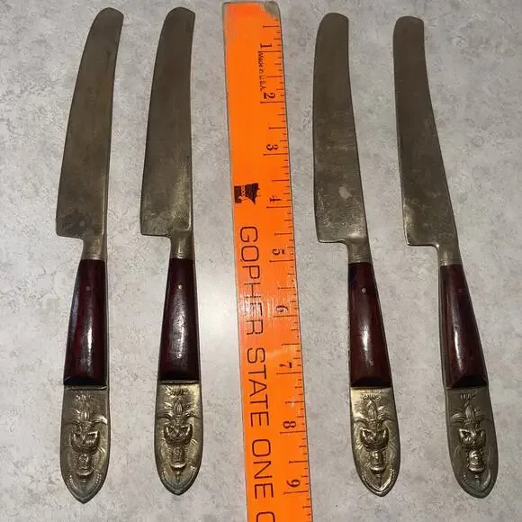 Vintage Buddha Bronze Knife 4 Piece Flatware Set Rare Asian Siam Thai MCM