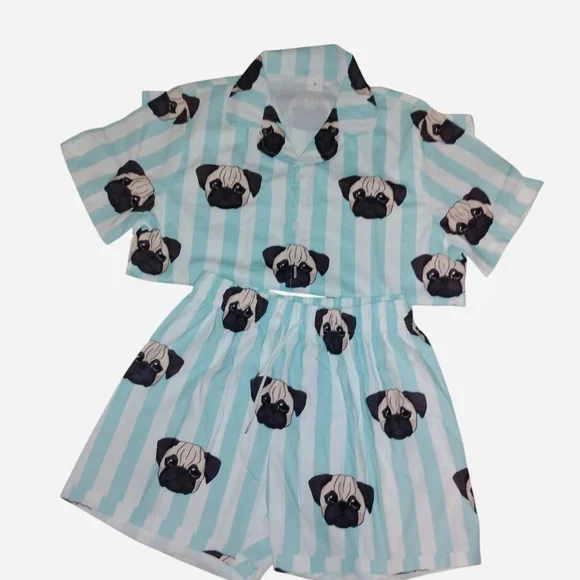 Pug Striped Matching Pajama Set - Size Medium NWOT