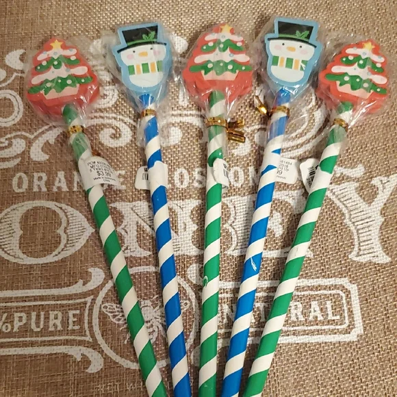 Festive Christmas Pencils & Erasers - Red, Blue, Green