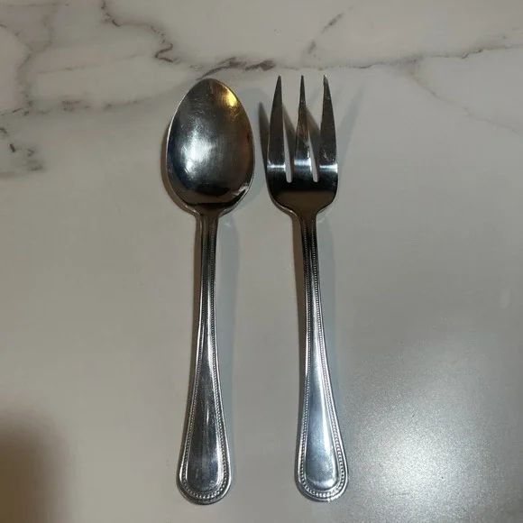 Gibson 18/0 Stainless‎ Flatware Glossy BEADED Pattern Serving Spoon, And Fork