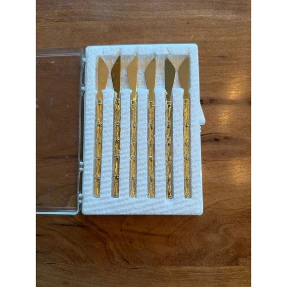 Vintage MCM Gold Plated Bamboo‎ Handle Appetizer Cocktail Spreaders Set of 6