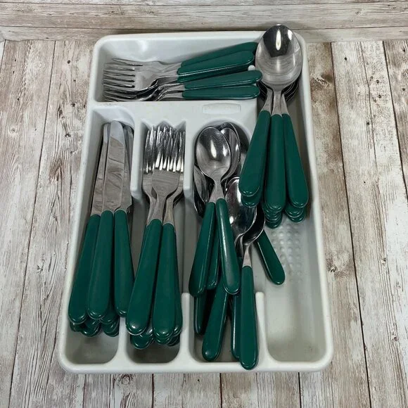 Vintage ONEIDA 55 Pc Lot Green Plastic Handle Utensil Stainless Steel Flatware