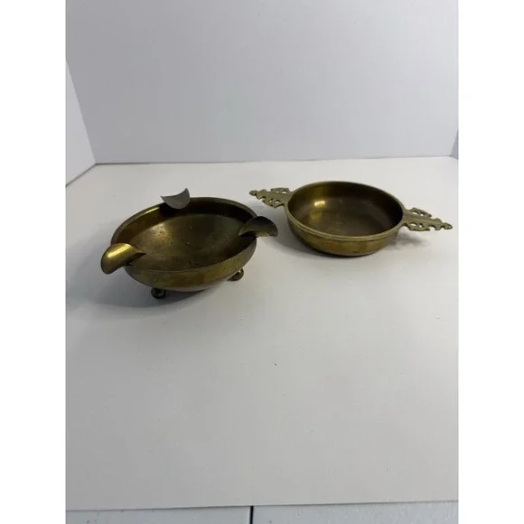 Vintage Solid Brass 3-Slot Ashtray & Decorative Handled Dish - Set of 2