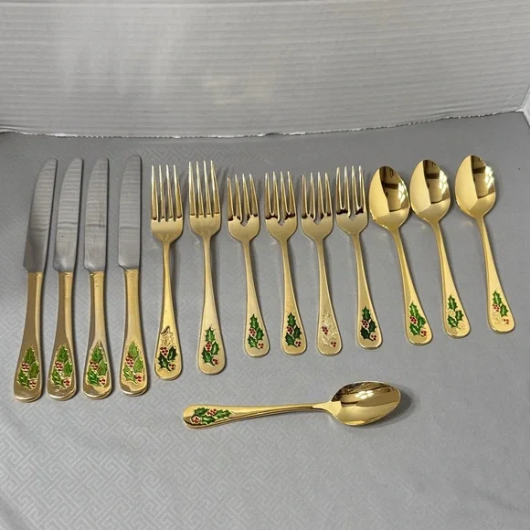Holly Berry Gold Tone Stainless Steel Flatware 14 Pc Retired Pattern Japan