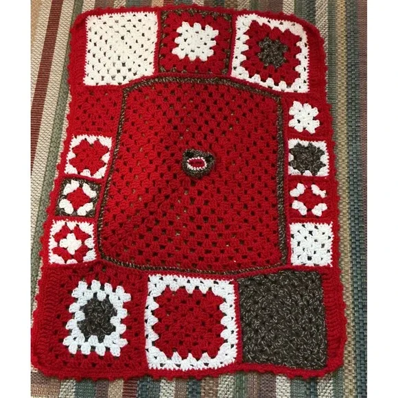 VTG Handmade Red White Brown Crochet Granny Square Sock Monkey Face‎ Kids Afghan